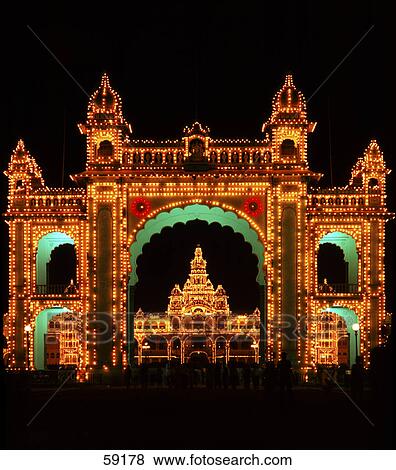 Stock Photo - Facade of palace illuminated at night, Mysor Palace, Mysore, Karnataka, India, Asia . Fotosearch