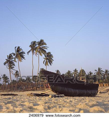 Fishing boat and palm trees on beach View Large Photo Image Stock Photo - Fishing boat and palm trees on beach . Fotosearch
