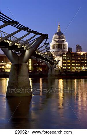 Footbridge leading to cathedral at night, Millennium Bridge, St. Pauls Cathedral, Thames River, London, England View Large Photo Image Stock Photo - Footbridge leading to cathedral at night, Millennium Bridge, St. Pauls Cathedral, Thames River, London, England . Fotosearch