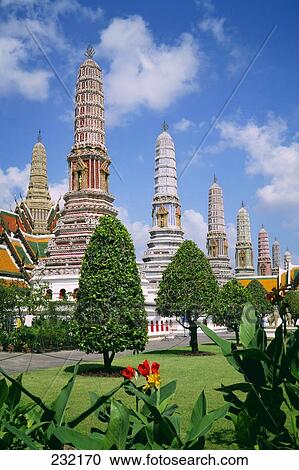 Stock Image - Formal garden in front of pagoda, Wat Phra Kaeo, Grand Palace, Bangkok, Thailand . Fotosearch