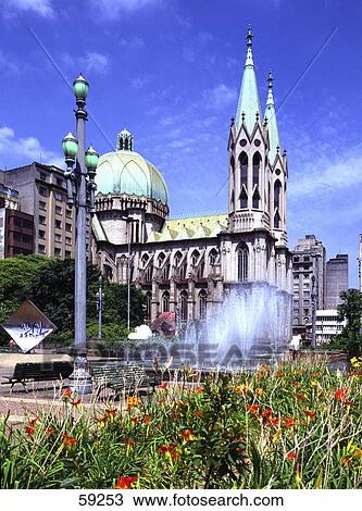 Stock Image - Fountain in front of church, Sao Paulo, Brazil, South America . Fotosearch
