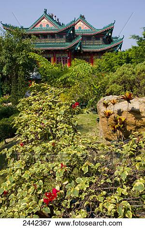 Stock Photo - Garden in front of temple, Wun Chuen Sin Koon, Hong Kong, China . Fotosearch