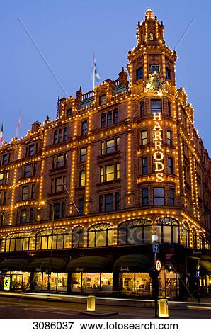 Stock Photo - Harrods in dusk, London, England . Fotosearch