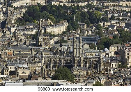 Stock Image - High angle view of abbey in city, The Abbey Church of Saint Peter and Saint Paul, Bath, Somerset, England . Fotosearch
