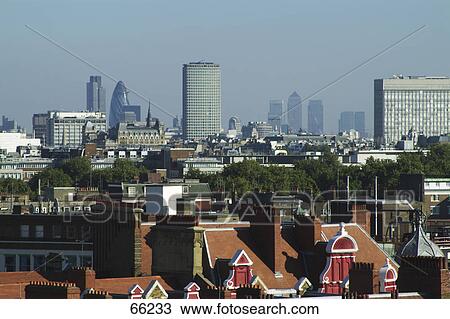 Stock Image - High angle view of buildings in city, London, England . Fotosearch