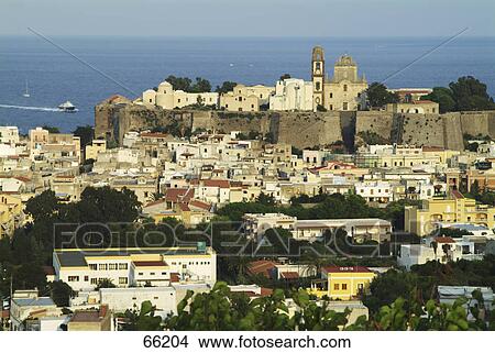 Picture - High angle view of buildings in village, Aeolian Islands, Sicily, Italy . Fotosearch