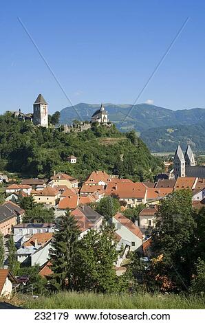 High angle view of buildings in town, Friesach, Klagenfurt, Sankt Veit an der Glan, Carinthia, Austria View Large Photo Image Stock Photo - High angle view of buildings in town, Friesach, Klagenfurt, Sankt Veit an der Glan, Carinthia, Austria . Fotosearch