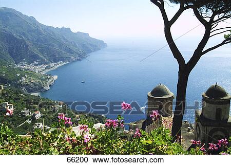 Stock Image - High angle view of castle at coast, Ruffo Castle, Amalfi Coast, Campania, Italy . Fotosearch