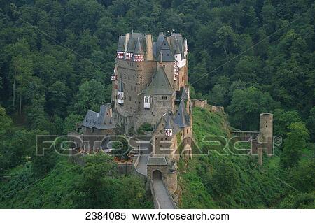 Stock Photography - High angle view of castle surrounded by forest, Eltz Castle, Eifel, Rhineland-Palatinate, Germany . Fotosearch
