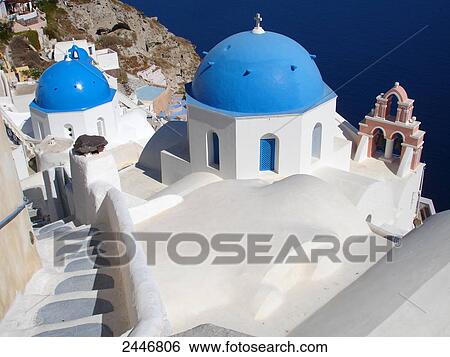 High angle view of church in town, Oia, Santorini, Cyclades Islands, Greece View Large Photo Image Stock Photograph - High angle view of church in town, Oia, Santorini, Cyclades Islands, Greece . Fotosearch