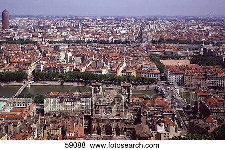 Stock Photo - High angle view of cityscape, Rhone River, Lyon, Frankreich, Europe . Fotosearch