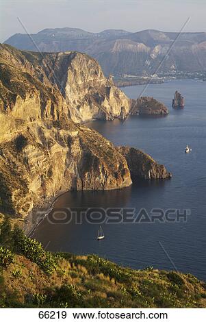 Stock Photo - High angle view of coastline, Lipari, Aeolian Islands, Sicily, Italy . Fotosearch
