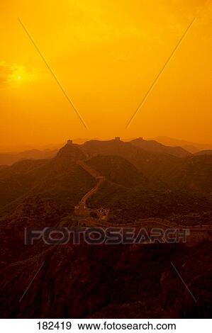 Stock Photo - High angle view of fortified wall at dusk, Jinshanling, Great Wall Of China, China . Fotosearch