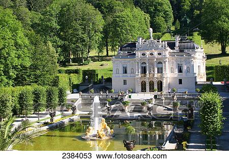 High angle view of fountain in front of castle, Castle Linderhof, Oberammergau, Bavaria, Germany View Large Photo Image Stock Image - High angle view of fountain in front of castle, Castle Linderhof, Oberammergau, Bavaria, Germany . Fotosearch