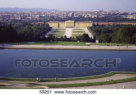 Stock Image - High angle view of lake in front of palace, Schonbrunn Palace, Vienna, Austria, Europe . Fotosearch