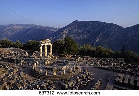 High angle view of old ruins, Tholos ruins, Marmaria terrace, Delphi, Greece View Large Photo Image Stock Image - High angle view of old ruins, Tholos ruins, Marmaria terrace, Delphi, Greece . Fotosearch