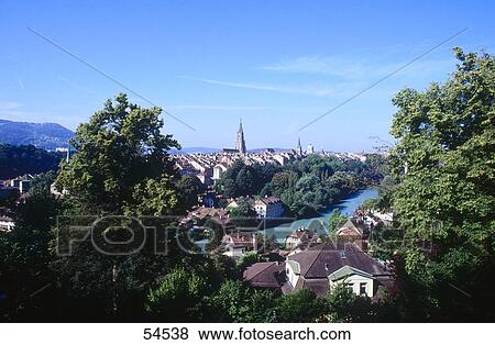 High angle view of river flowing through town, Aare River, Berne, Switzerland View Large Photo Image Stock Photo - High angle view of river flowing through town, Aare River, Berne, Switzerland . Fotosearch