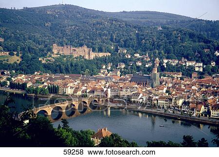 Stock Photo - High angle view of river, Neckar River, Heidelberg, Germany, Europe . Fotosearch