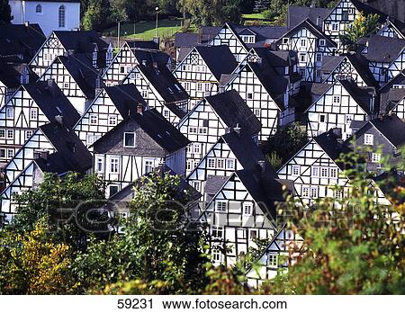 Stock Image - High angle view of rooftops of houses, Freudenberg, North Rhine-Westphalia, Germany, Europe . Fotosearch