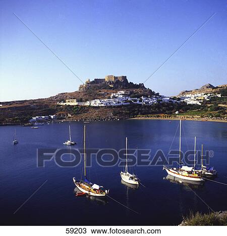 High angle view of sailboats, Lindos, Rhodes, Greece View Large Photo Image Stock Image - High angle view of sailboats, Lindos, Rhodes, Greece . Fotosearch