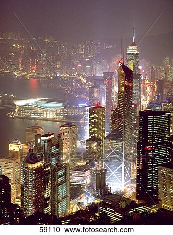 High angle view of skyscrapers illuminated at night, Hong Kong, China, Asia View Large Photo Image Stock Image - High angle view of skyscrapers illuminated at night, Hong Kong, China, Asia . Fotosearch