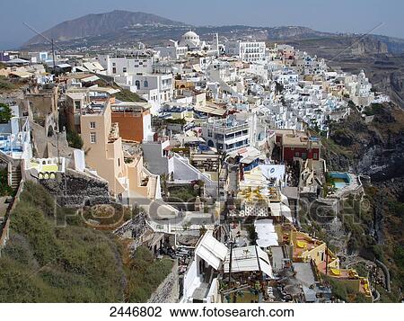 Stock Image - High angle view of town, Fira, Santorini, Cyclades Islands, Greece . Fotosearch