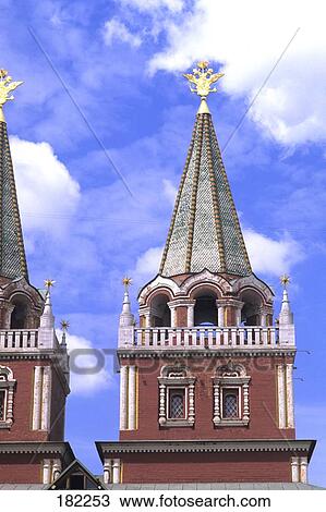 Stock Image - High section view of towers, Resurrection Gate, Red Square, Moscow Russia . Fotosearch