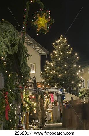 Stock Photo - House decorated with christmas lights, Bavaria, Germany . Fotosearch