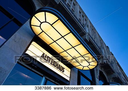 Stock Photograph - Illuminated sign at department store, Hamburg, Germany, detail . Fotosearch