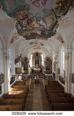 Stock Photo - Interior view of a church, Irschenberg, Germany, elevated view . Fotosearch