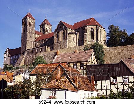 Picture - Low angle view of castle, Quedlinburg, Saxonia-Anhalt, Germany, Europe . Fotosearch