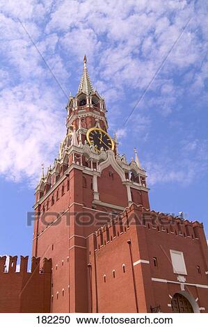 Stock Image - Low angle view of clock tower, Spasskaya Tower, Kremlin, Moscow, Russia . Fotosearch