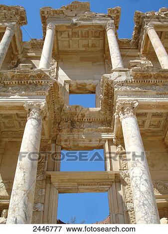 Stock Photo - Low angle view of ruins of library, Celsus Library, Ephesus, Turkey . Fotosearch