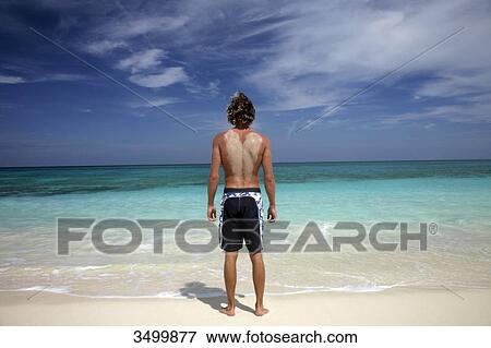 Man standing on the beach, Paradise Island, Bahamas, rear view View Large Photo Image Stock Photo - Man standing on the beach, Paradise Island, Bahamas, rear view . Fotosearch