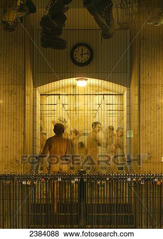 Stock Photo - Men's shower fresco on wall of museum, German Mining Museum, Bochum, North Rhine-Westphalia, Germany . Fotosearch