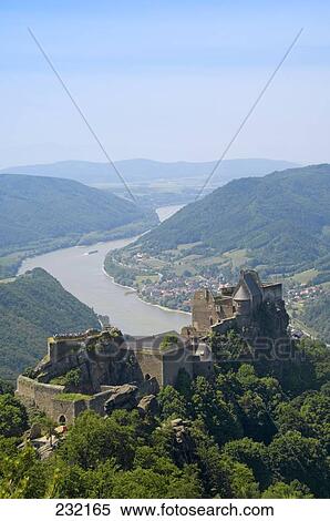 Stock Photography - Old ruin of castle at hilltop, Schloss Aggstein, Danube River, Wachau, Lower Austria, Austria . Fotosearch