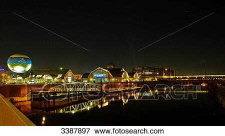Stock Photo - Old warehouse district (Speicherstadt) at night, Hamburg, Germany, elevated view . Fotosearch