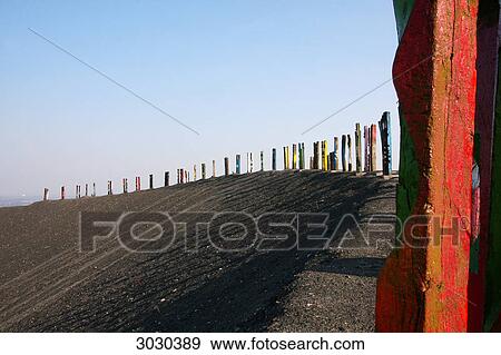 Stock Photo - Painted Railway sleepers positioned in a row, Dump of Haniel (Halde Haniel), Bottrop, North Rhine-Westphalia, Germany . Fotosearch