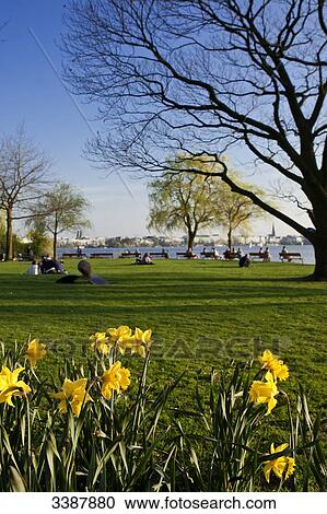 Stock Image - People relaxing at the waterside of the Aussenalster, Hamburg, Germany . Fotosearch