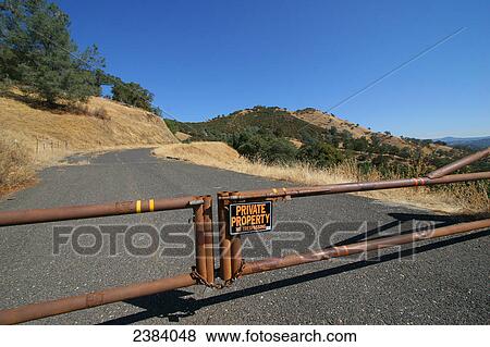 Stock Photo - Private property sign on gate at road, USA . Fotosearch