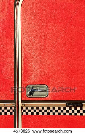 Stock Photograph - Red door of an caravan . Fotosearch