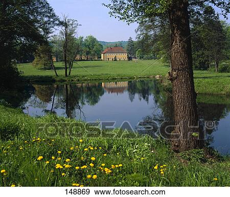 Reflection of trees and house in pond, Weimar, Thuringia, Germany View Large Photo Image Stock Photo - Reflection of trees and house in pond, Weimar, Thuringia, Germany . Fotosearch