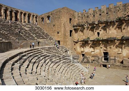 Stock Photograph - Roman theatre, Aspendos, Turkey, high angle view . Fotosearch