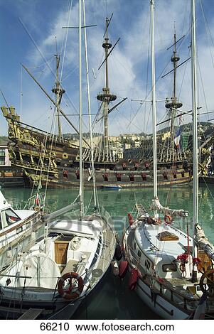 Stock Image - Sailboats at harbor, Genoa, Liguria, Italy . Fotosearch