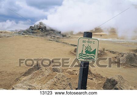 Stock Image - Signboard at hot spring, Leimhnjukur, Iceland . Fotosearch
