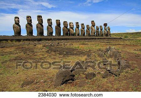 Stock Image - Statues in row, Moai Statue, Easter Island, Chile . Fotosearch