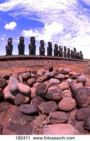 Stones with statues in field, Moai Statue, Easter Island, Chile View Large Photo Image Stock Image - Stones with statues in field, Moai Statue, Easter Island, Chile . Fotosearch