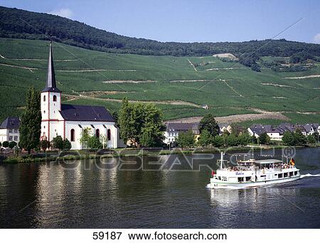Stock Photo - Tourboat in river, River Mosel, Rhineland-Palatinate, Germany . Fotosearch