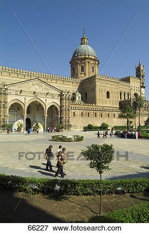 Stock Photo - Tourists at cathedral, Palermo Cathedral, Palermo, Sicily, Italy . Fotosearch