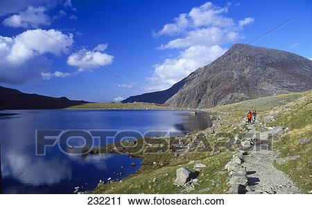 Tourists walking along lake, Wales, United Kingdom View Large Photo Image Stock Image - Tourists walking along lake, Wales, United Kingdom . Fotosearch